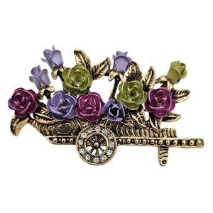 Pink Green Purple Enamel Flower Wheel Barrow Brooch Clear Rhinestone Pin, J95